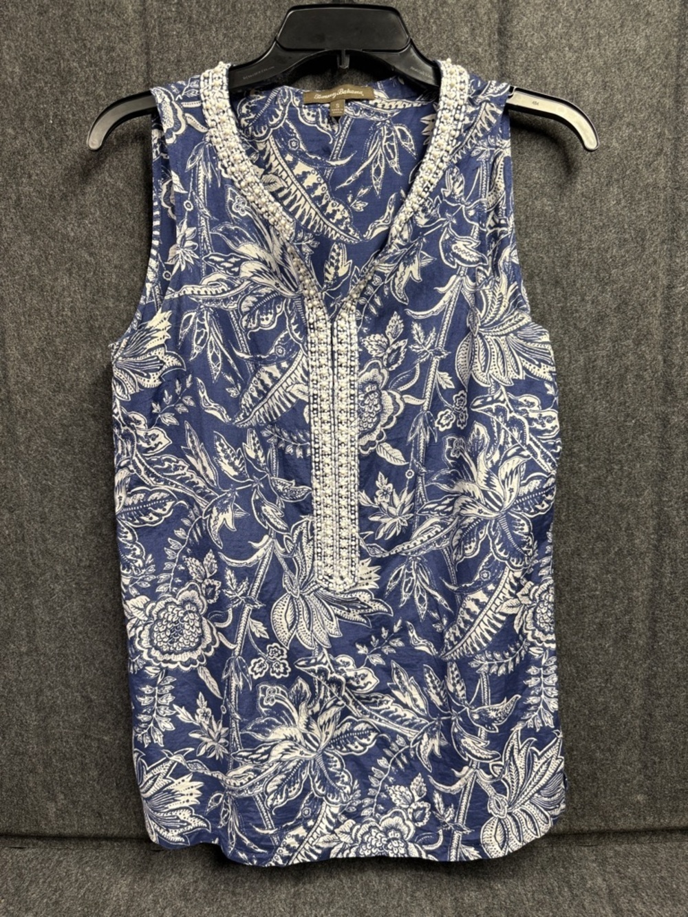Tommy Bahama Blue and White Paisley V-Neck Top